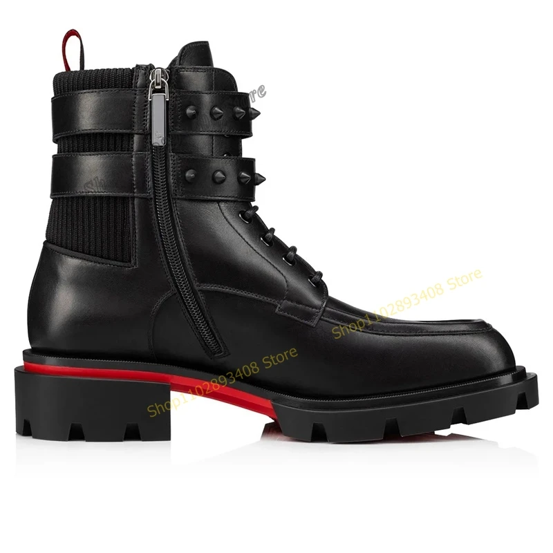 Black Cross Tied Rivet Decor Men Boots Buckle Strap Side Zipper Flat with Leather Lace up Round Toe 2023 New Zapatillas Mujer