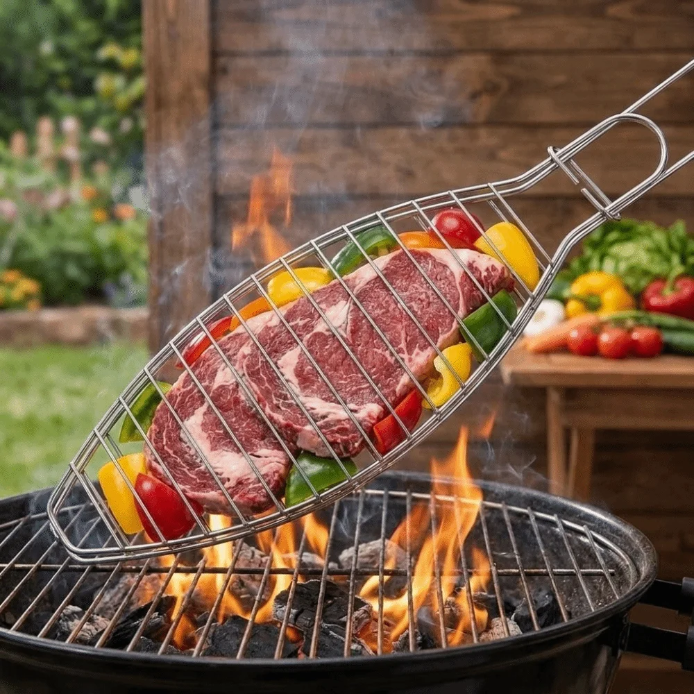 Versatile Fish-Shaped Iron Fish Grill Rack 42cm Long Handle BBQ Grill Clip Easy Clean Wire Grid Grill Rack Outdoor Cooking