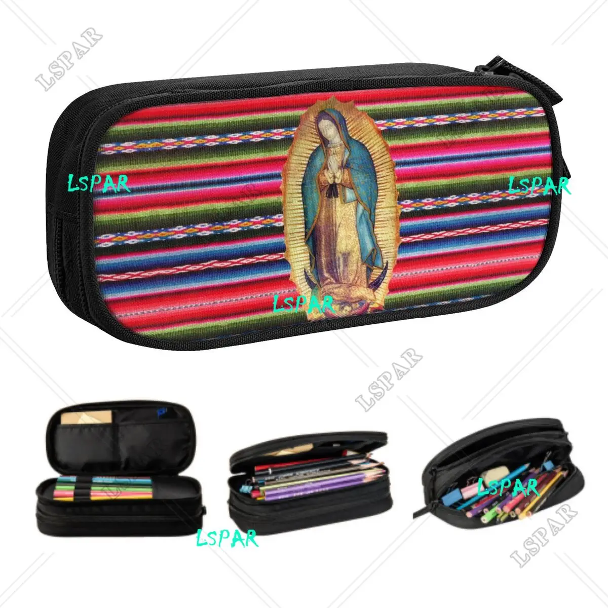 Custom Our Lady Of Guadalupe Virgen Maria Zarape Pencil Case for Big Capacity Virgin Mary Catholic Pen Bag Box Stationery