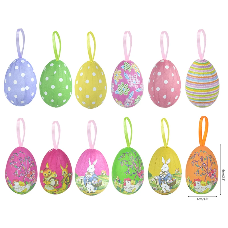 12pcs 6cm Easter Eggs Foam Colorful Bunny Bird Egg Hanging Pendants Ornament DIY Craft Happy Easter Party Decor Kids Favor Gifts