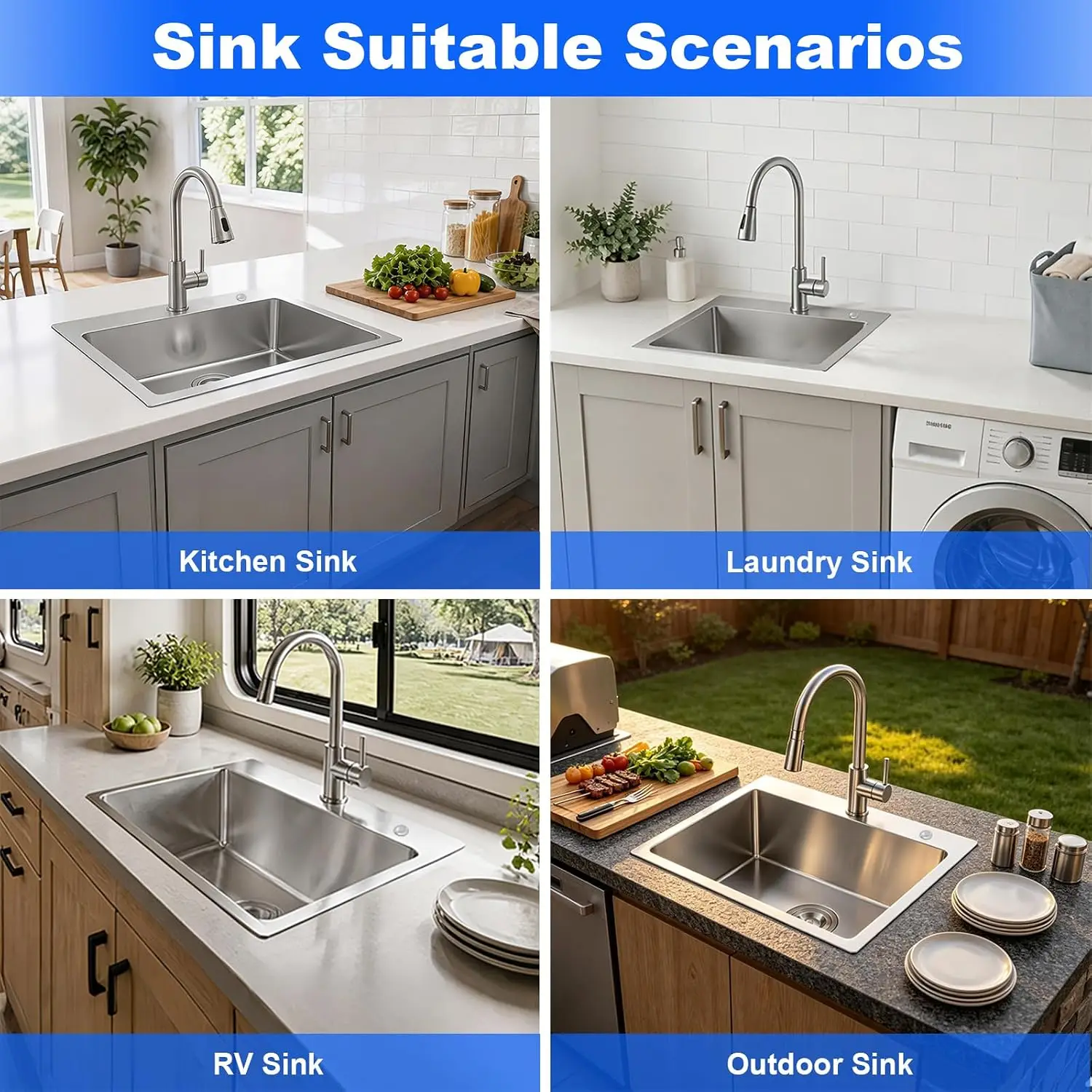 24 Inch Drop In Kitchen Sink, 304 Stainless Steel, Brushed Nickel