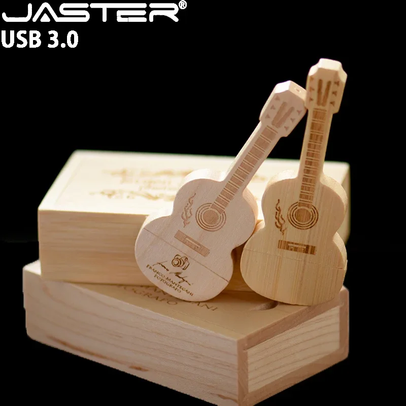 High Speed 3.0 Pen Drive Wooden Guitar 128GB USB Flash Drive Free Customized Logo Wooden Box Memory Stick Music Wedding Gift 8GB