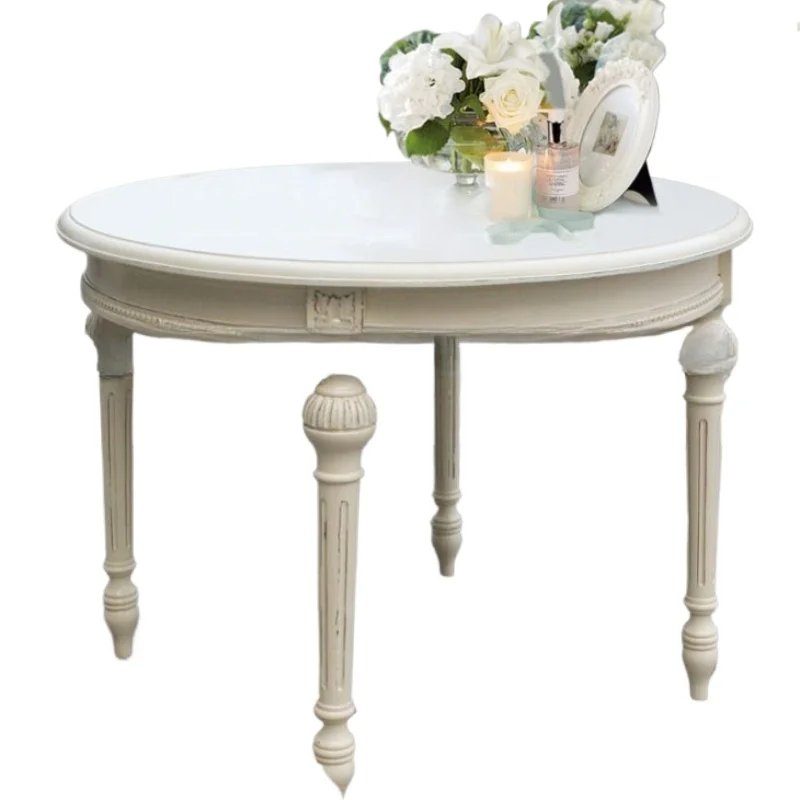 

American solid wood dining table, retro old carved round, dining room log oak four-person table and chairs