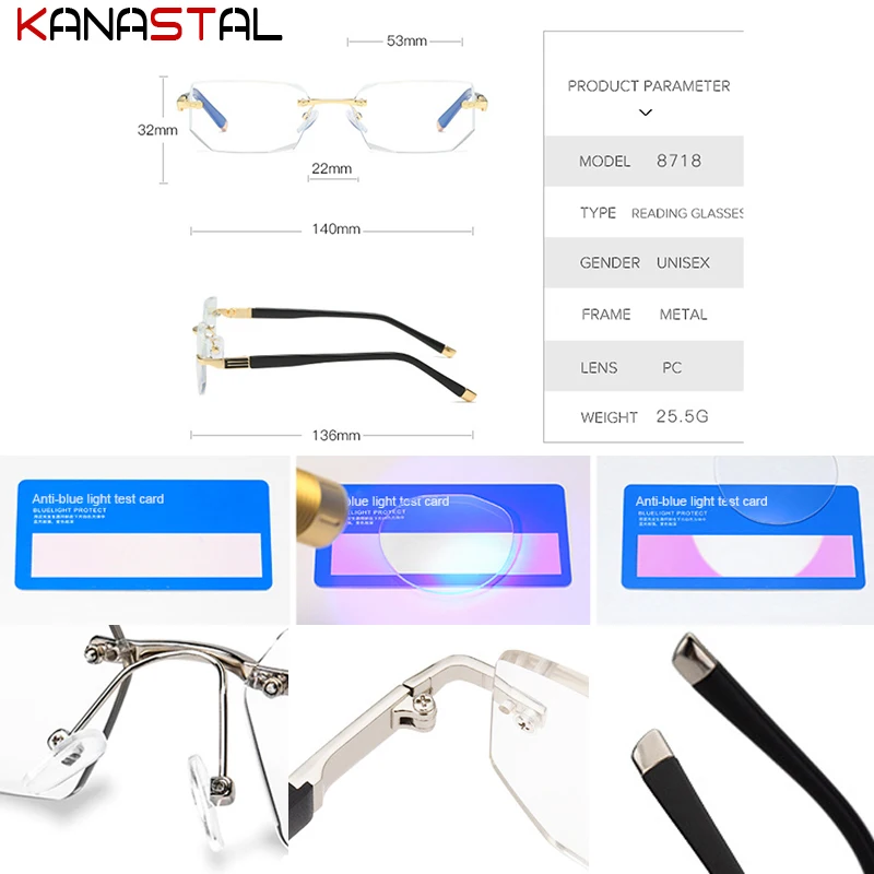 Men Metal Rimless Reading Glasses Hyperopia Presbyopic Eyewear Women Anti Blue Light Blocking Lenses Computer Eyeglasses Frame