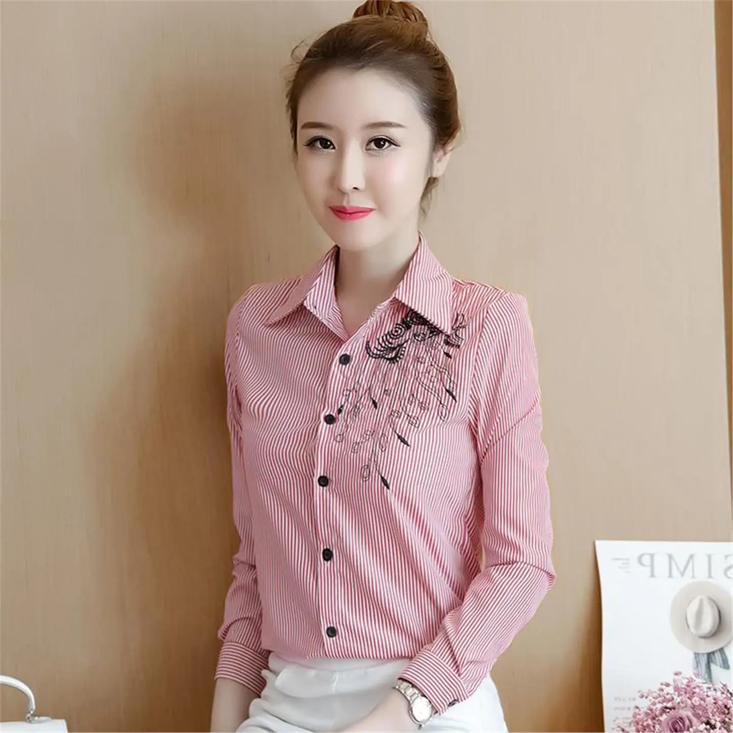 

Slim Fit Embroidered Long Sve irt Spring Autumn New Sle Student Loose Versatile Button up Striped Collared Casual Top