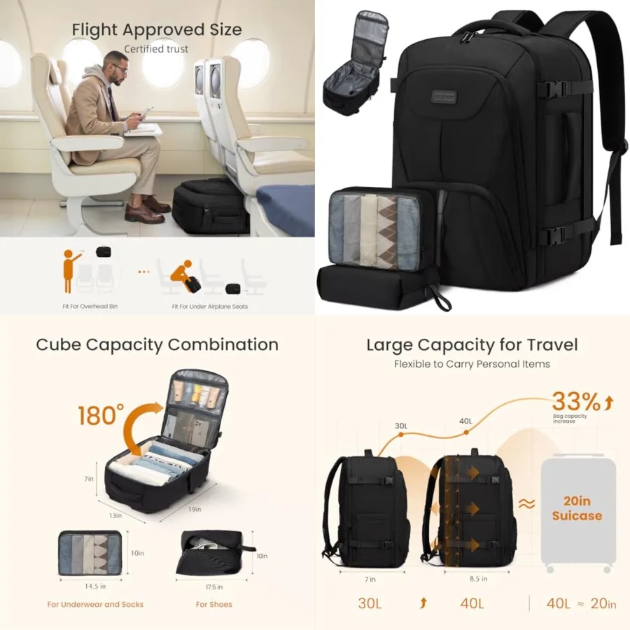 

Travel Carry on Backpack for Men Women, Expandable 40L Extra Large Travel Laptop Backpack, Water Resistant Durable TSA Airline