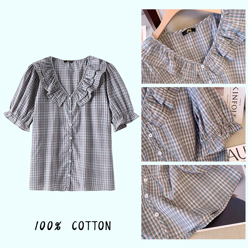 Plus size women\'s summer casual short-sleeved shirt girly style cotton fabric plaid top loose comfortable ruffled decorative