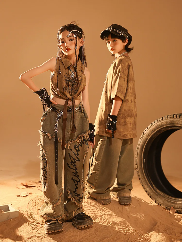 Kid Wasteland Style Hip Hop Clothing Coffee Crop Tank Top T Shirt Casual Raw Hem Jeans Pants for Girl Boy Dance Costume Clothes