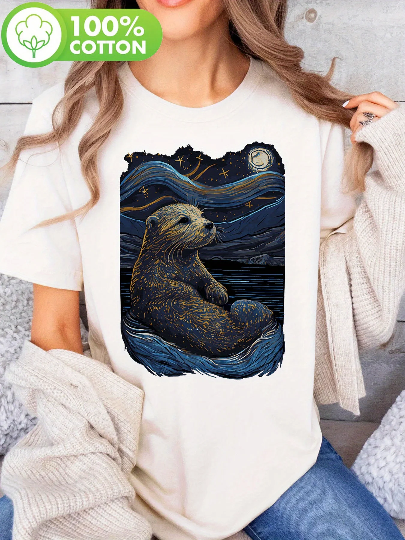 

Женская футболка больших размеров со звездной ночью и принтом выдры, хлопковая дышащая модная и универсальная уличная одежда унисекс большого размера