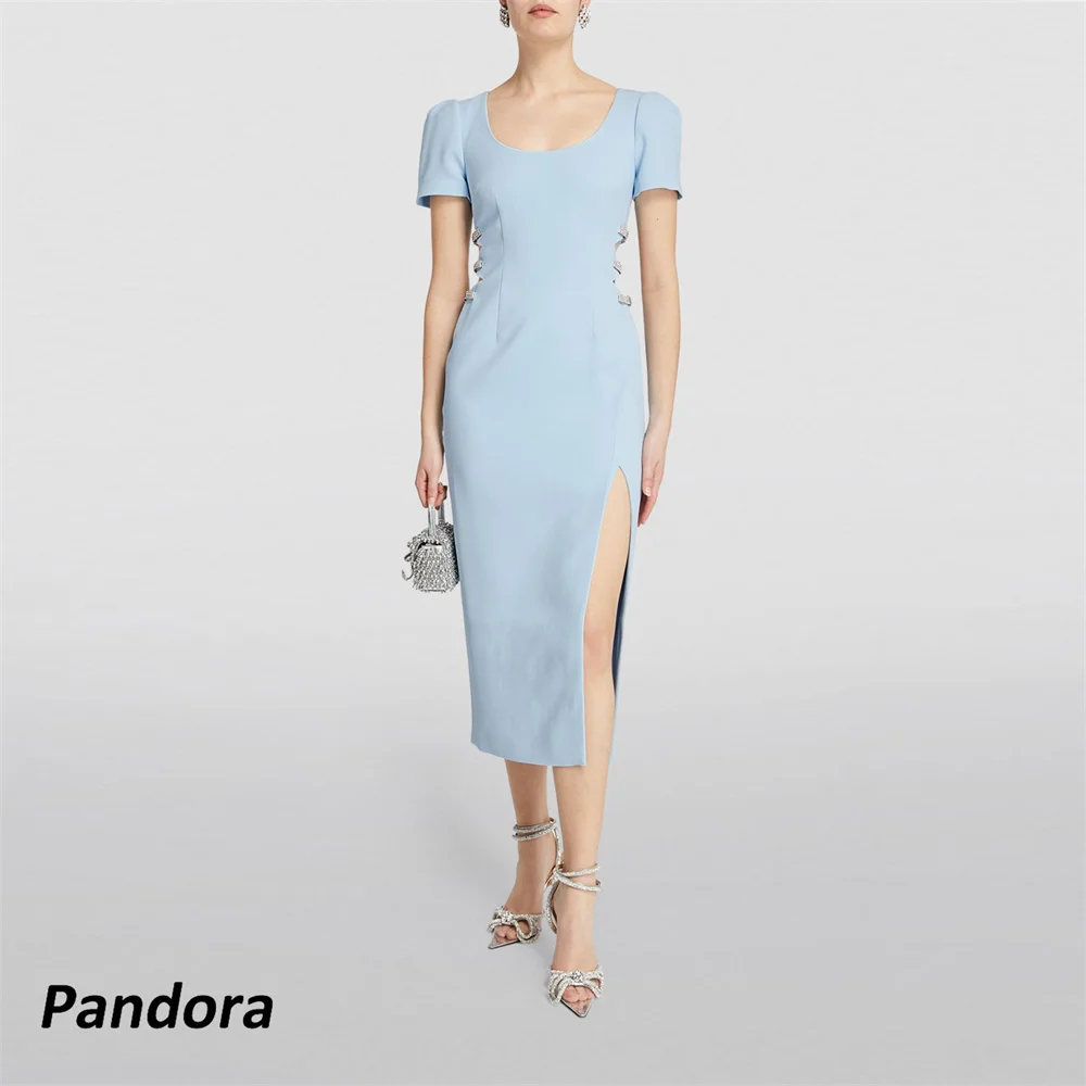 Pandora-vestido de noche largo con cuello redondo para mujer, vestido de sirena de manga corta con lazo de cristal, vestido de fiesta de banquete de boda, azul