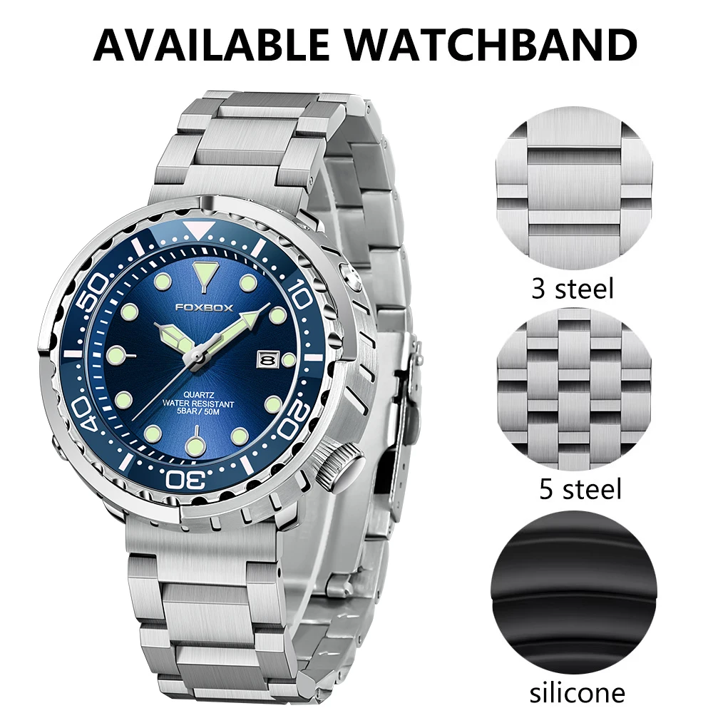 FOXBOX Fashion Man Watch Simple Casual Sport Stainless Steel Band Clock Luminous Waterproof Auto Calendar Quartz Watches for Men