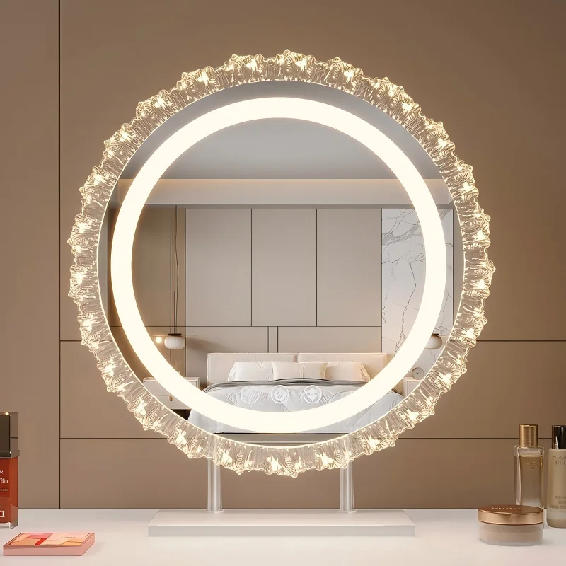Light Luxury Sunflower Acrylic Makeup Mirror with LED Tri Color Dimming, Rotatable with Light, Desktop Vanity Mirror