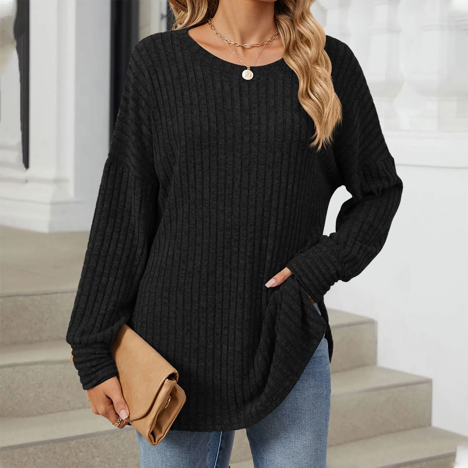 

Women's Long-Sleeved Jumper Loose Round Neck T-shirt Pit Stripes Brushed Jumper Top Open Jumper Elegant Solid Colour Jumper