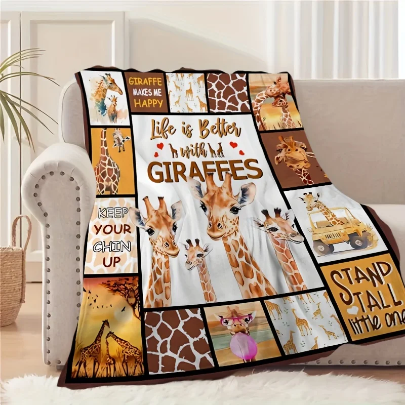 Adorable Giraffe Print Flannel Blanket, Tear-Resistant, All-Season Cozy Throw for Home, Camping, Travel Perfect Gift for Family