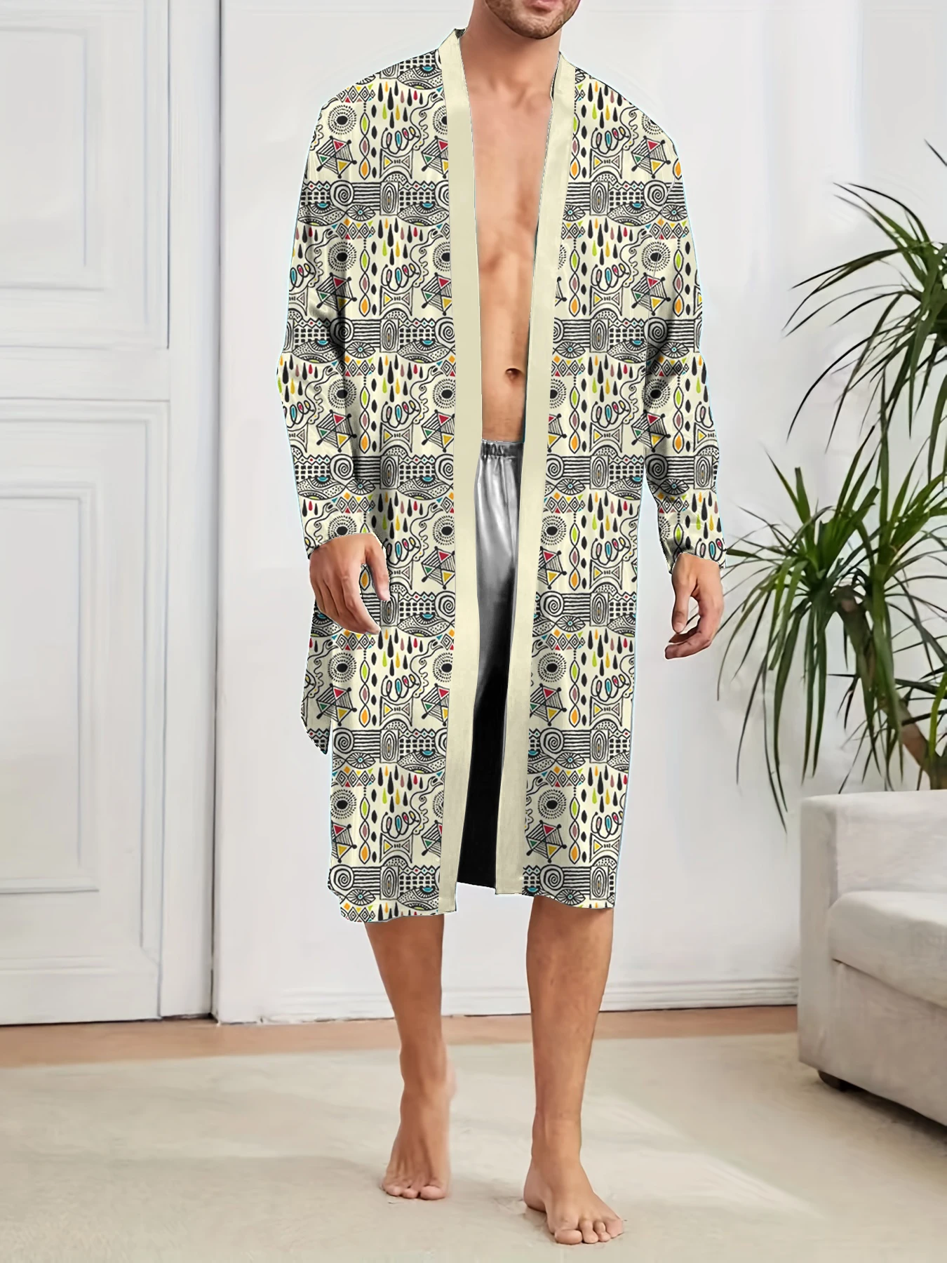 أردية طويلة للرجال للربيع والخريف مع طباعة رقمية للتجفيف السريع، أردية نوم رجالية للترفيه المنزلي والراحة #2