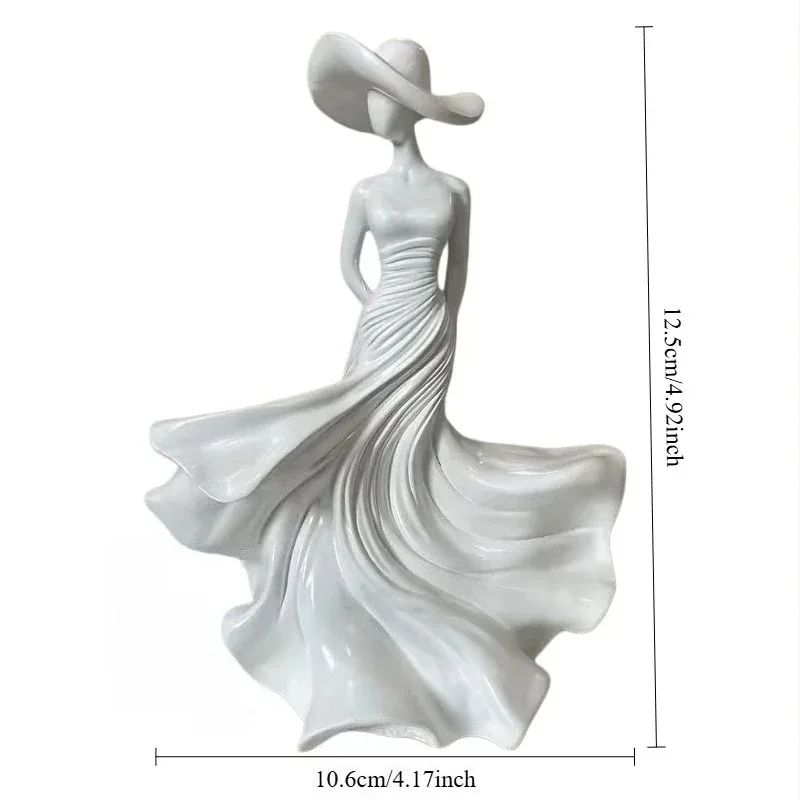 3D Print Elegant Dancing Lady Statue With Wide Hat Abstract Flowing Dress Woman Sculpture Modern Living Room Table Art Ornament