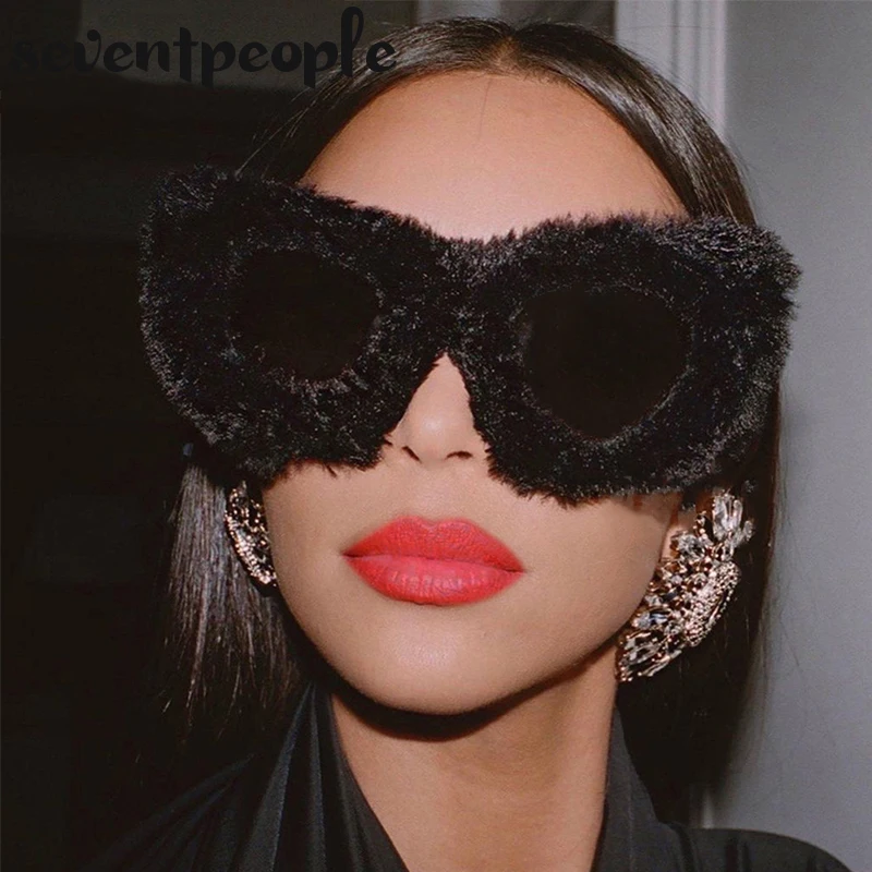 Fashion Cat Eye Sunglasses Women 2022 Luxury Brand Designer Pink Soft Fur Velvet Sun Glasses for Ladies Handmade Plush Eyewear