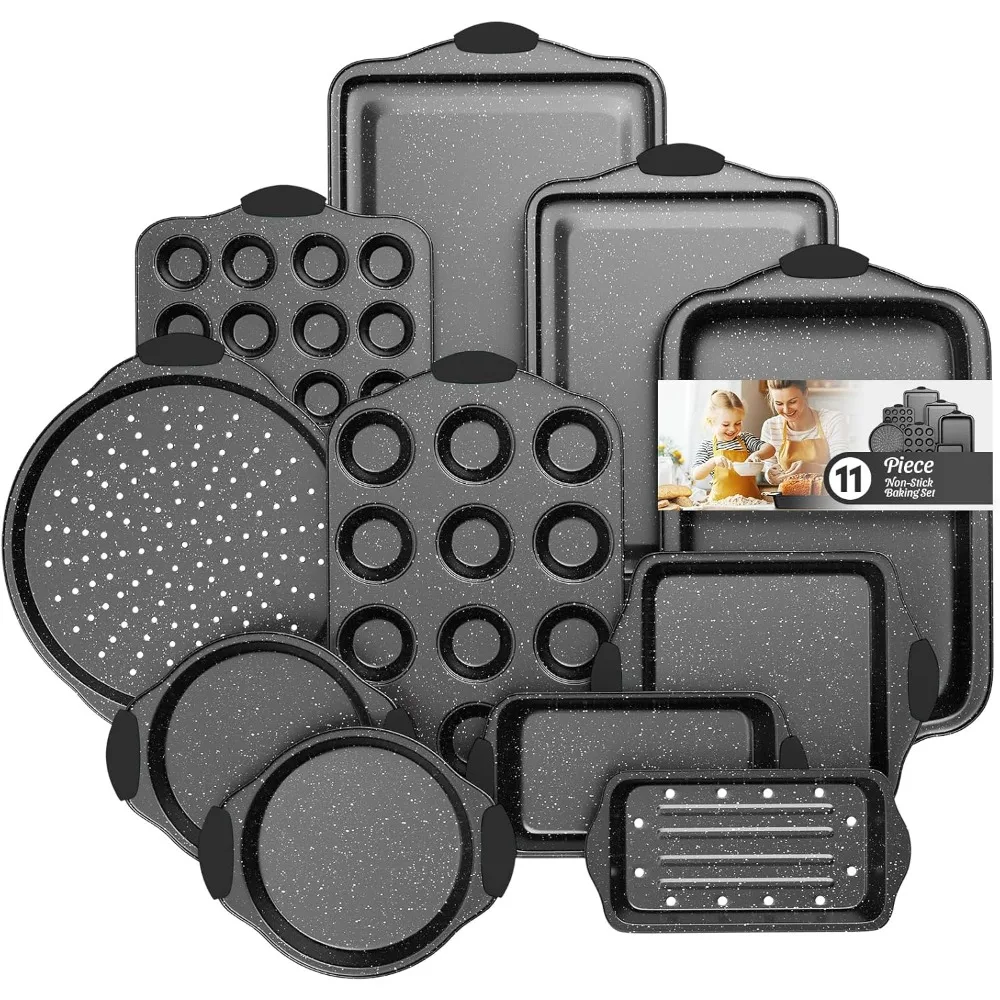 

11-Piece Nonstick Baking Pan Set, Stackable Bakeware Sets, Oven Pans for Baking with Silicone Handles, Includes Cookie Sheet, Ca