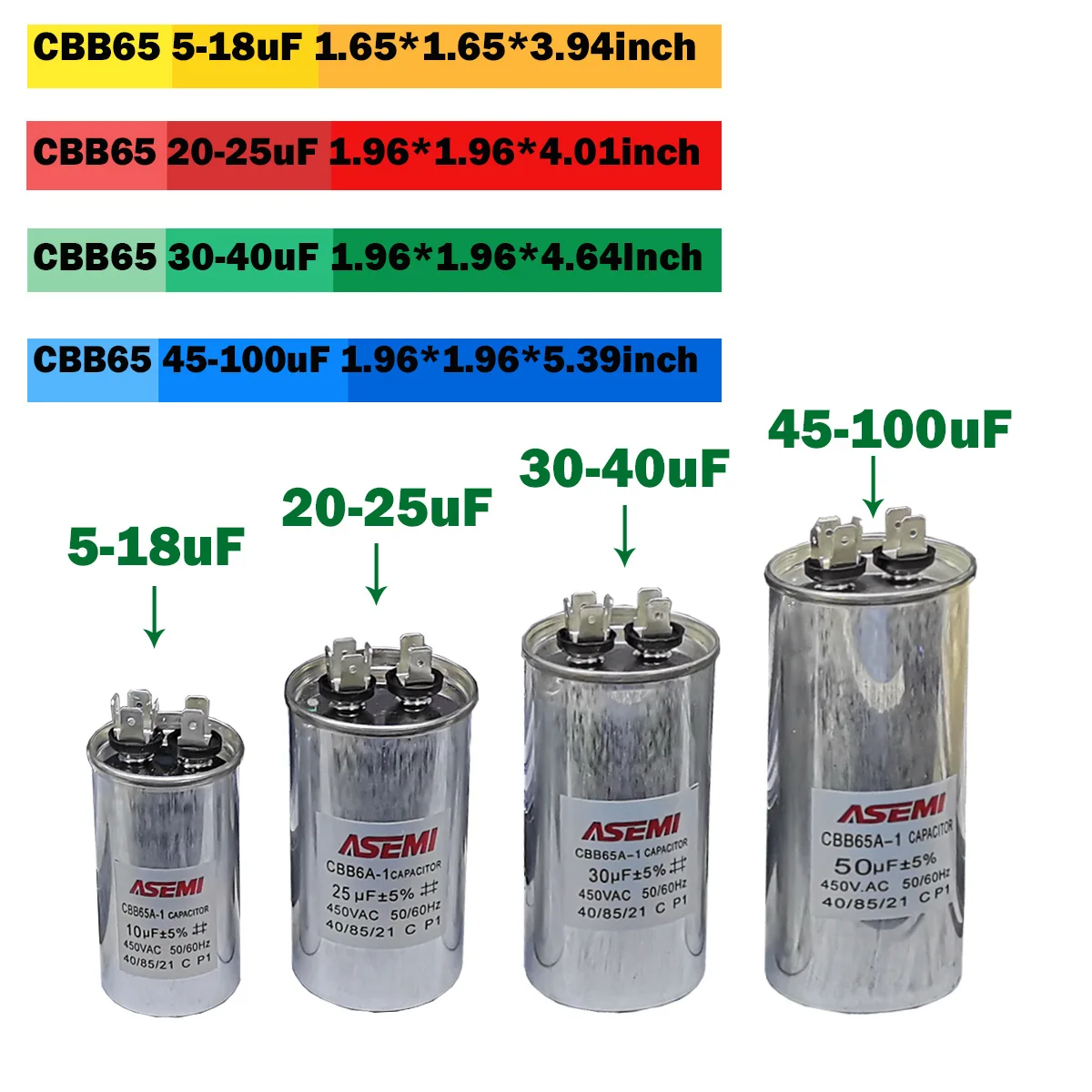 Конденсатор двигателя переменного тока CBB65 450 В для запуска компрессора кондиционера различных размеров от 5 мкФ до 100 мкФ - конденсатор электролитического двигателя