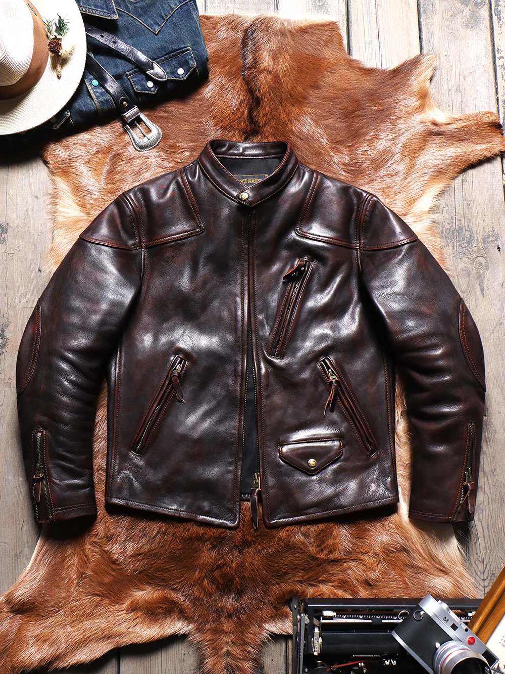 

1.6mm American Retro Venom Motorcycle Leather Jacket, Heavy-duty Washed and Worn-out Men's Tea Core Vegetable Tanned Cowhide