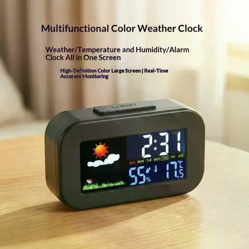 Station Clock With Color Display - Temp & Humidity Monitor, Backlit For Kids & Teens, Perfect For Bedroom & Dorm Desk Weather