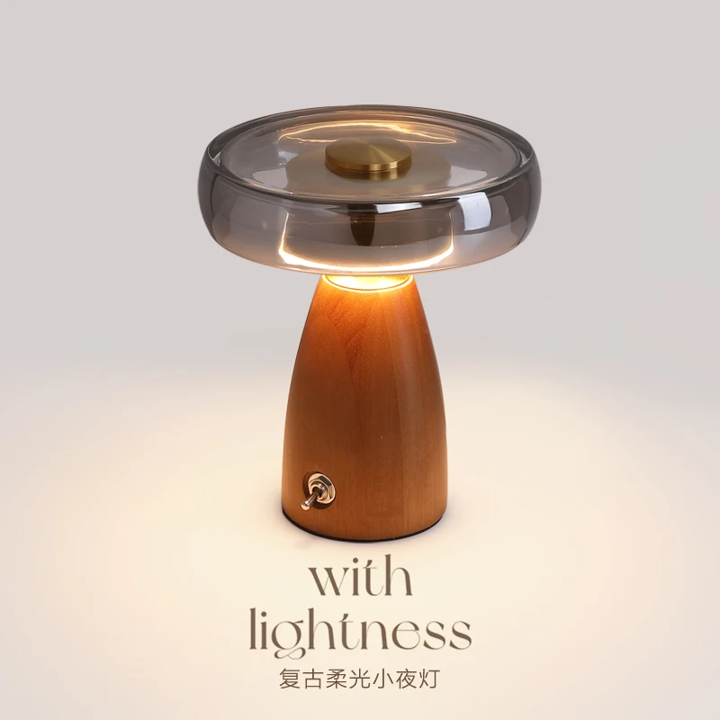 مصباح فطر برأس من الخشب الصلب، مصباح ليلي، ديكور إبداعي، مصباح مكتبي لغرفة النوم، جو منزلي بسيط