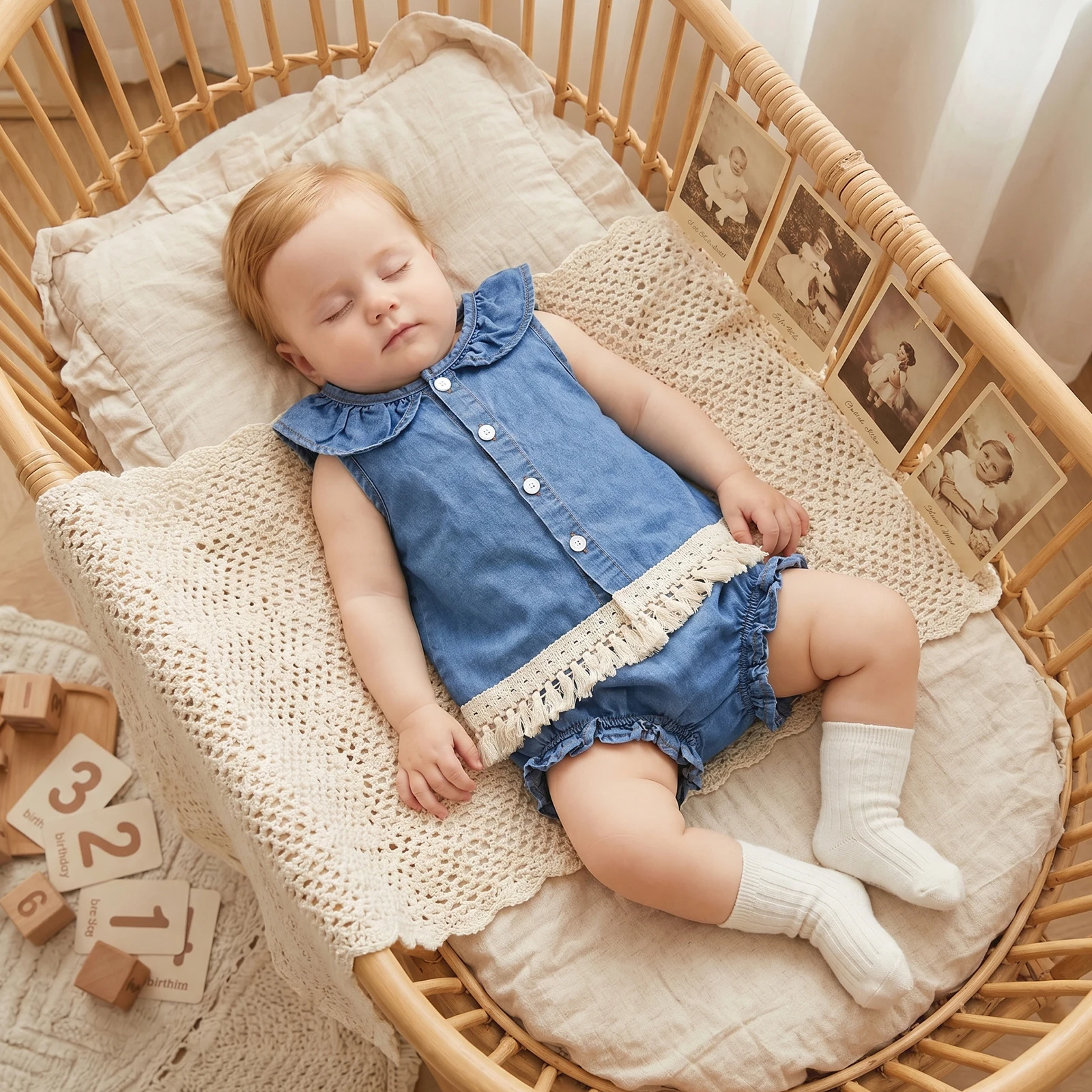 Toddler Girls Summer Denim Outfits Doll Collar Sleeveless Tassel Hem Button Front Tops PP Shorts Sets