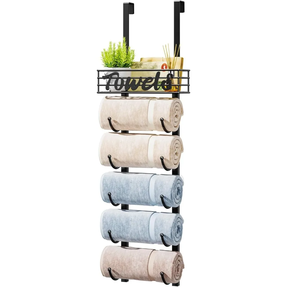 

Bathroom Towel Rack Holder - 6-Tier Over The Door & Wall Mount Rolled Towel Storage Organizer with Metal Shelf Basket for Small