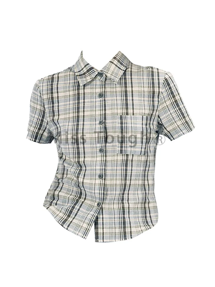 Vintage Casual Loose Lapel Short Sleeve Tops Women Japanese Y2k Natural Plaid Single Breasted Top Female Summer Thin Blouses New