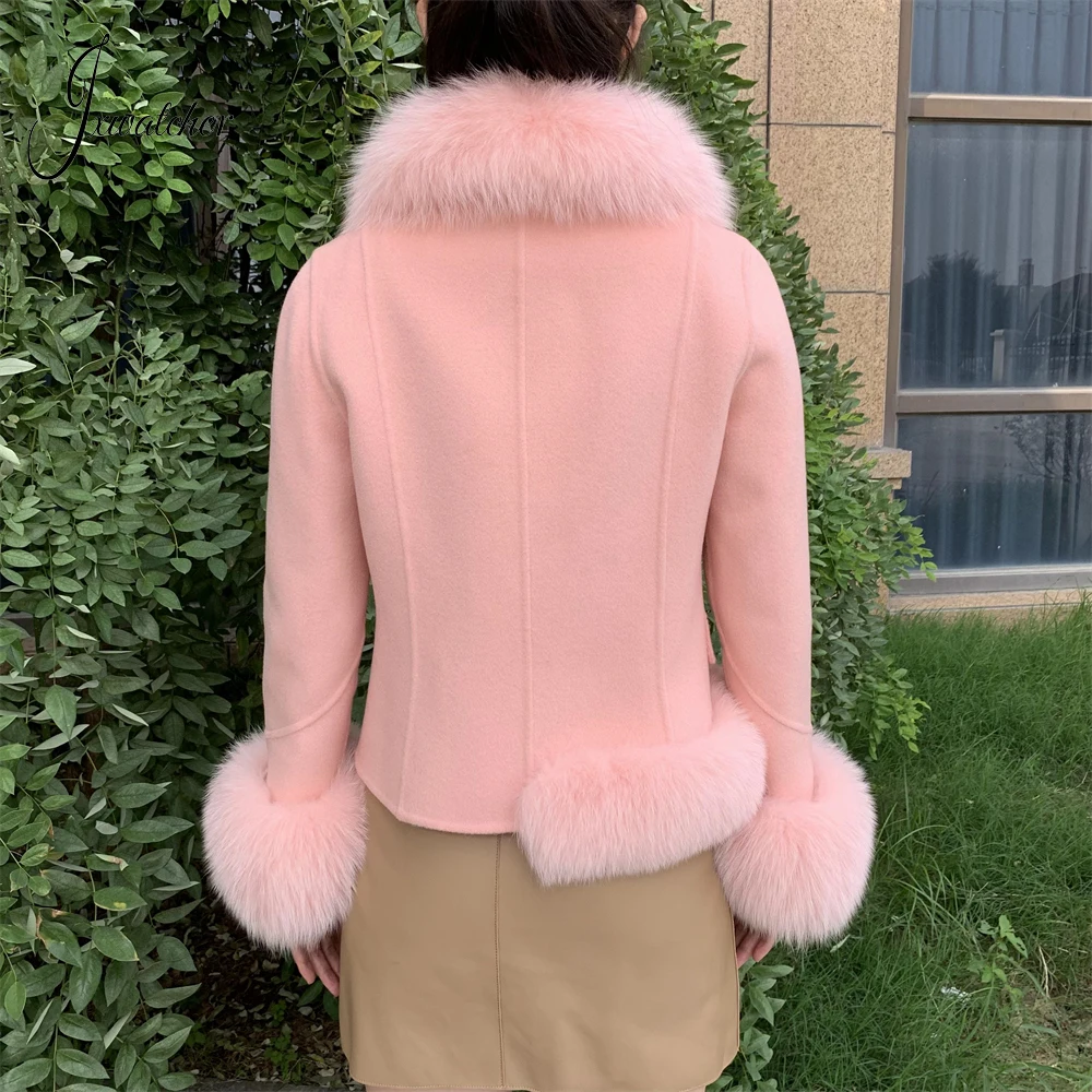 Jxwatcher Women's Wool Jacket with Real Fox Fur Ladies Fall Fashion Stand Collar Woolen Coats Winter Coat Female New Arrival