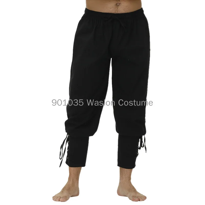 Adult Men Medieval Renaissance Lounge Pirate Horseman Costume Loose Pants Black Brown Navigator Leg Bandage Trouser