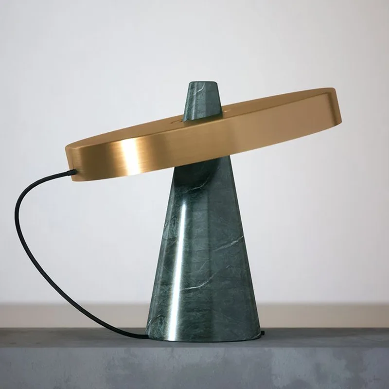 Nordic Green Conical Base Table Lamp with Round Brushed Golden Metal Shade and Button Switch Plugin Type