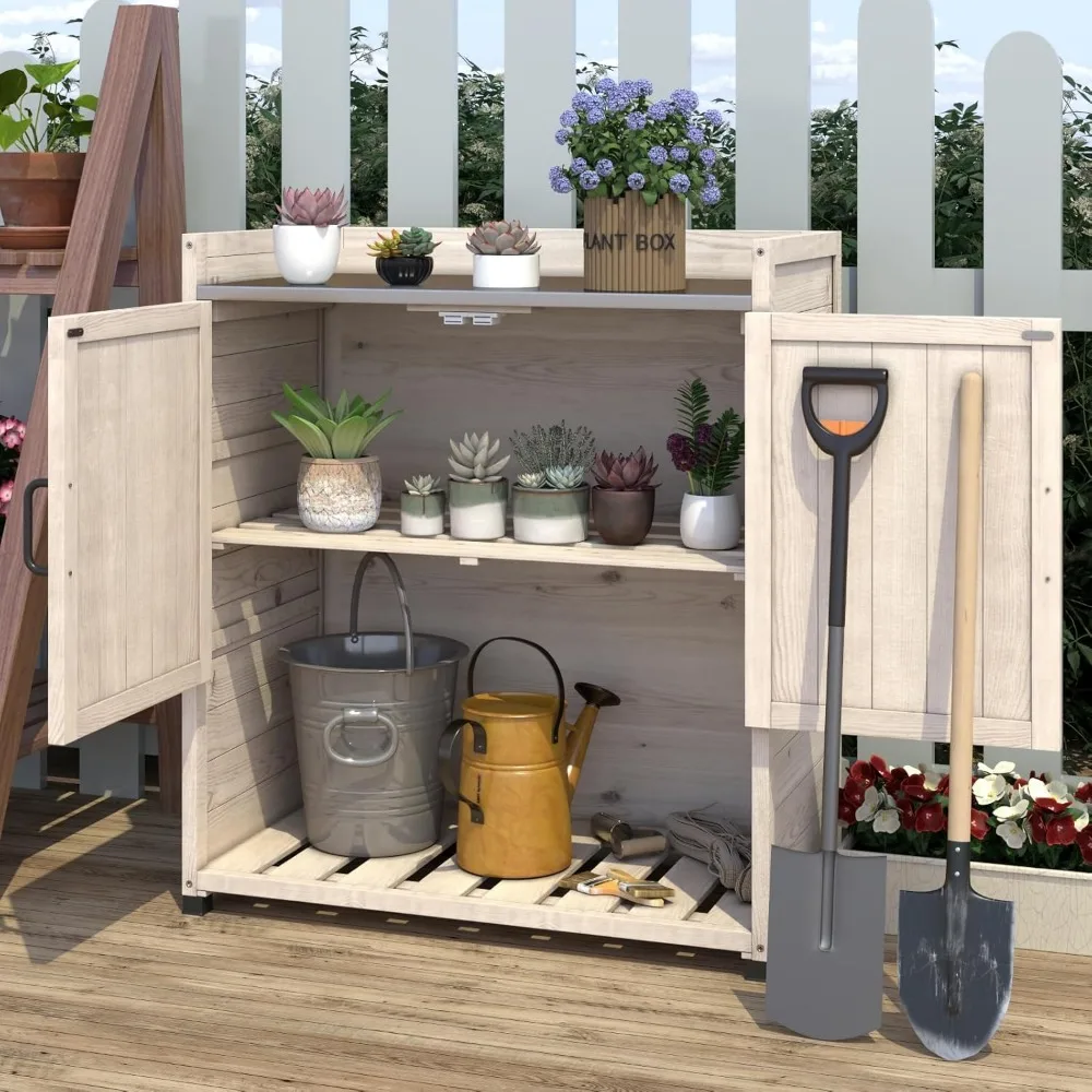 

Potting Bench, Outdoor Wooden Storage Cabinet with Adjustable Shelf, Garden Work Bench Planting Table with Metal Tabletop for G