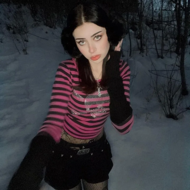 

Новая осенняя облегающая модная женская футболка больших размеров с длинными рукавами и бриллиантами в полоску, бархатная модная тенденция Y2K, эмо