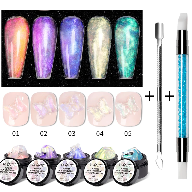 

PUENTE Aurora Glitter Builder Nail Gel Set Non-Stick Hand Hard Gel Nail Extension 3D Carving Soak-Off UV/LED Nail Art Varnish