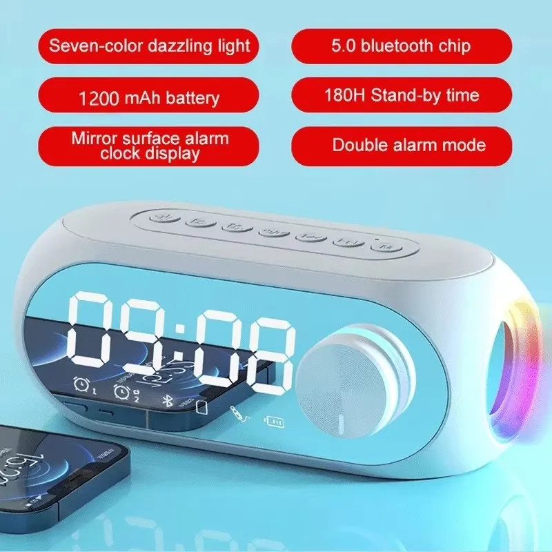 Altavoz Bluetooth Portátil Inalámbrico con Radio Reloj Despertador FM, Subwoofer, Caja de Sonido, Mini Woofers, Bocina, Lámpara Columna
