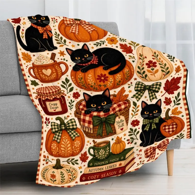 Blanket Fall design, pumpkin, black cat lover 300 GSM Flannel (Made in USA) 2