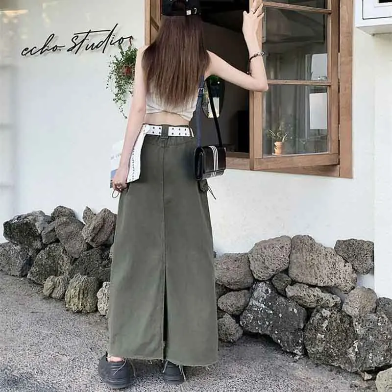 Saia feminina com cordão de cintura alta, saia coreana Split Midi, moda feminina streetwear, bolso grande e sólido, saias A Line, Y2K