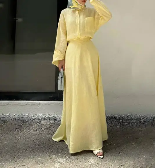 

Однотонный свободный топ на пуговицах с лацканами и юбка трапециевидной формы с высокой талией для осенних женщин, элегантный и простой комплект из 2 предметов