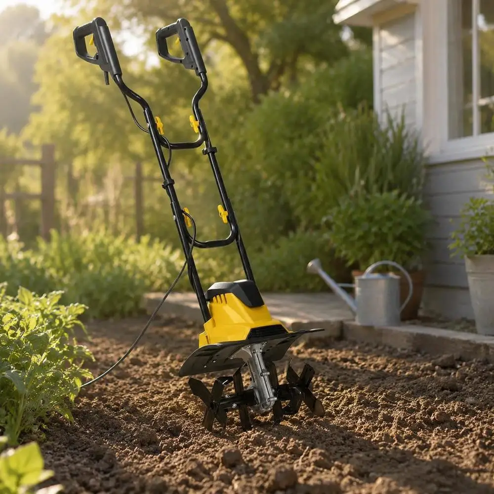 Cultivateur de jardin 36,5 x 26 x 80 cm, manche pliable avec interrupteur de sécurité, quatre dents angulaires, crochet de rangement pour câbles, rangement peu encombrant pour préparer le sol du jardin, de la terrasse et de la cour arrière.