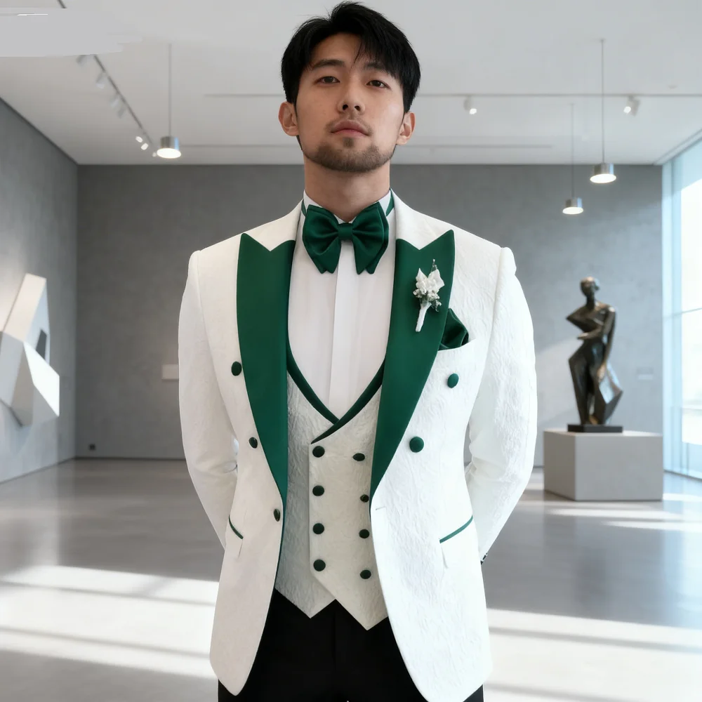 

Men's Floral Wedding Tuxedo 3-Piece Set Double Breasted Jacket with Vest Peak Lapel Groom's Fashion Suit Male Wedding Attire