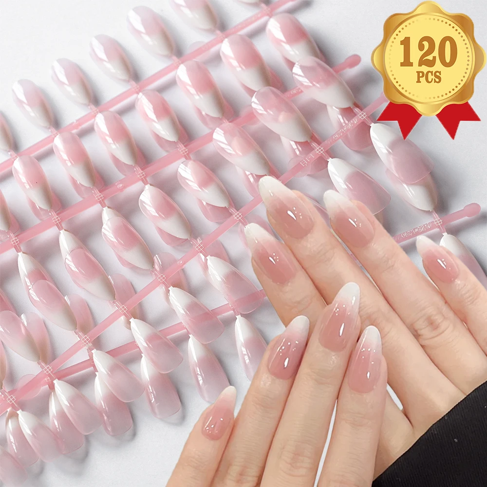 

120Pcs Naked Pink Gradient French False nails Tender Pink Almond Glossy Wearable Fake Nail Full Cover Press on Nail Art Tips@#8-