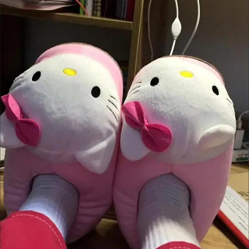 Sanrio Hello Kitty Big Head Plush Slippers Winter Cartoon Y2K Cotton Shoes Plush Shoes Student Dormitory Bag Feet Cotton Shoes