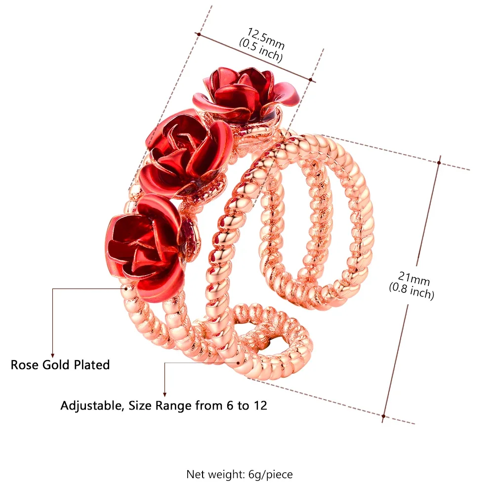 U7 3D Red Rose Flower Ring for Women Wedding Engagement Party Gifts Open Ring Elegant Jewelry QC24