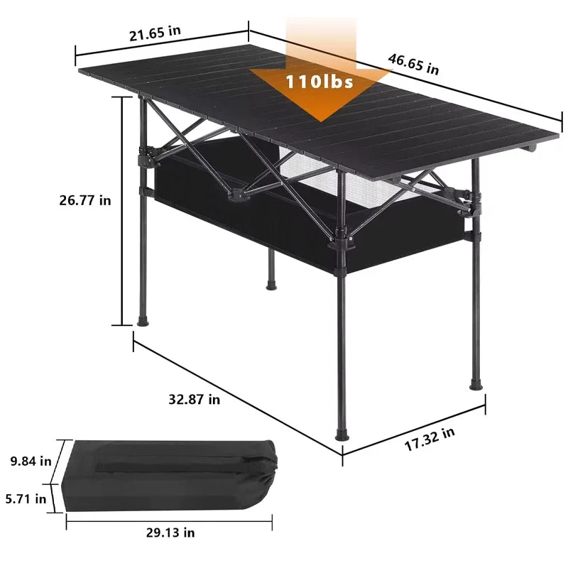 Black Portable Aluminum Camping Table - Roll-Up Picnic and Backpacking Table with Mesh Storage Bag for Outdoor Adventures