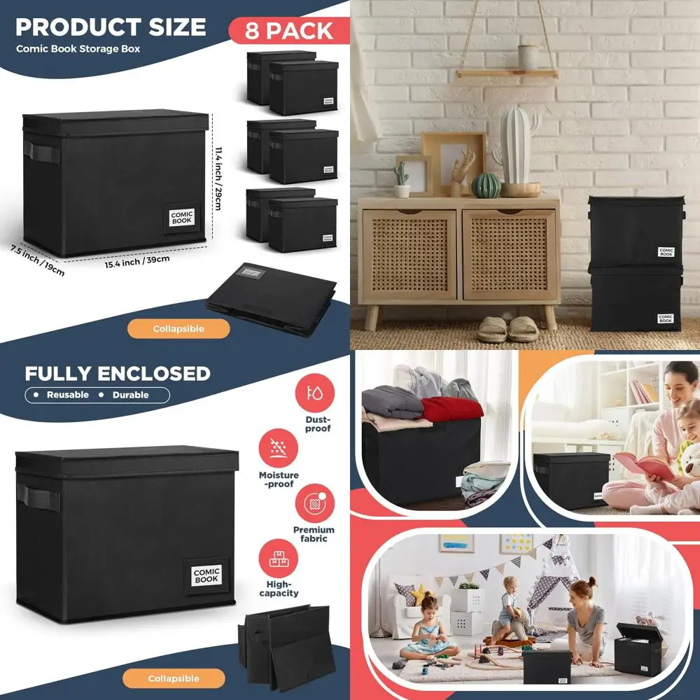 

Collapsible 8-Compartment Comic Storage Box, Holds 150-180 Comics, Stackable, Black