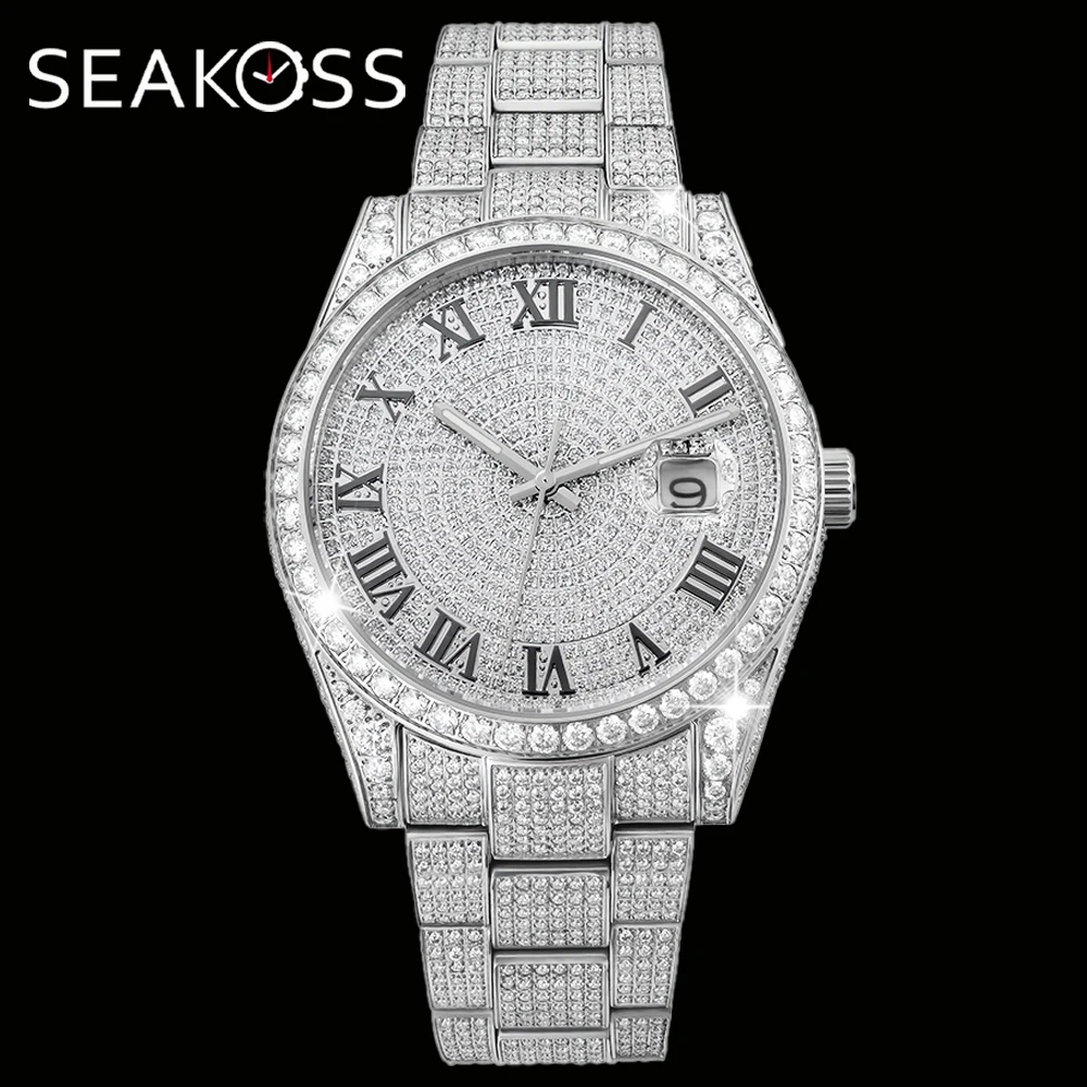 

SEAKOSS 41MM Iced Out Hip Hop Watch VVS Moissanite Diamond Automatic Mechanical Wristwatch Waterproof Diamond Watches for men