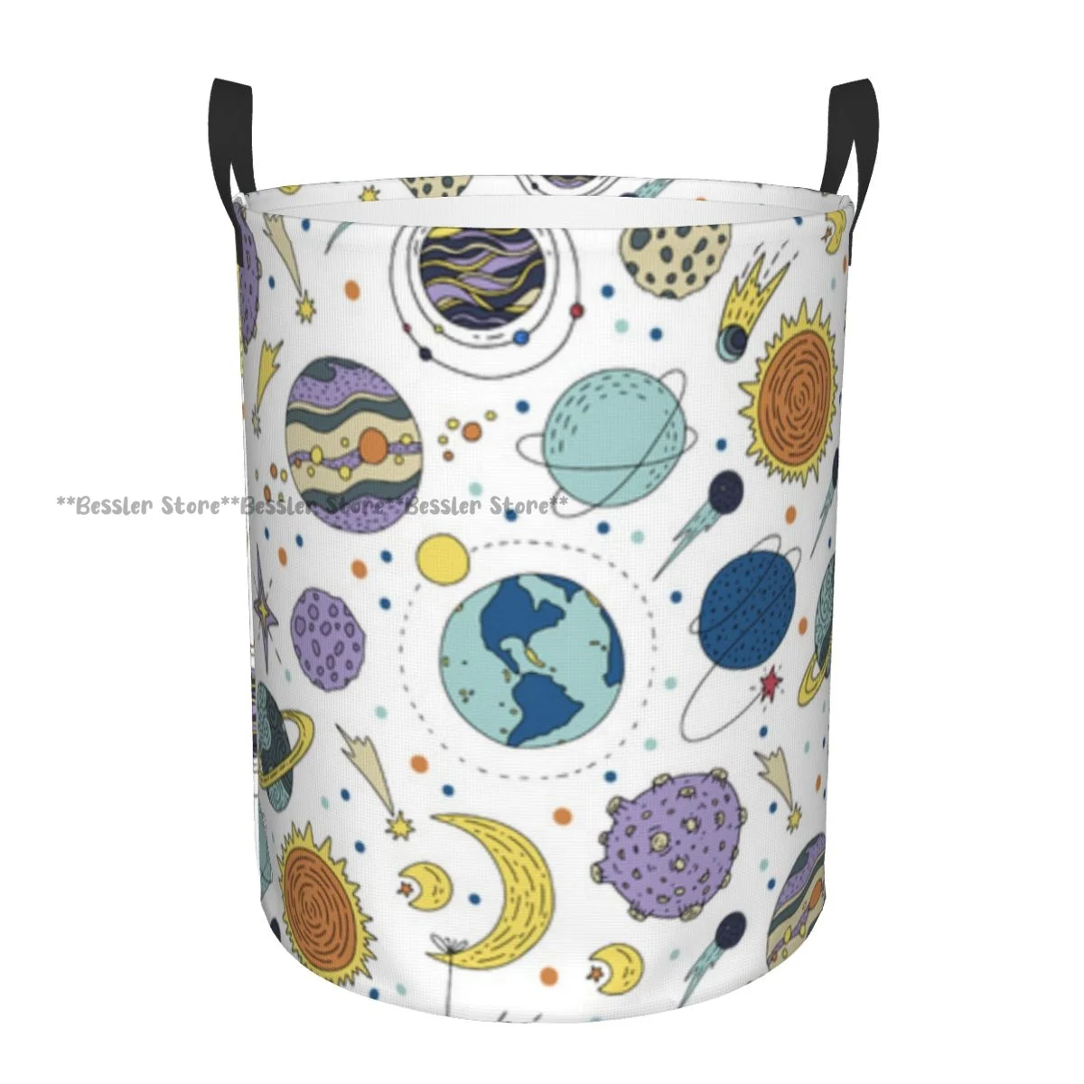 

Laundry Basket Cosmos Doodle Planets Illustrations Round Storage Bin Collapsible Hamper Clothes Bucket Organizer
