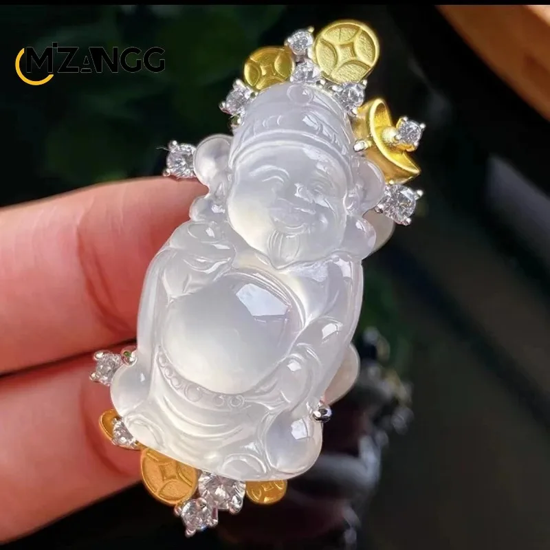 

Natural Agate God of Wealth Pendant Ice Chalcedony Women's Green Jade Necklace Exquisite Luxury Jewelry Lucky Fortune