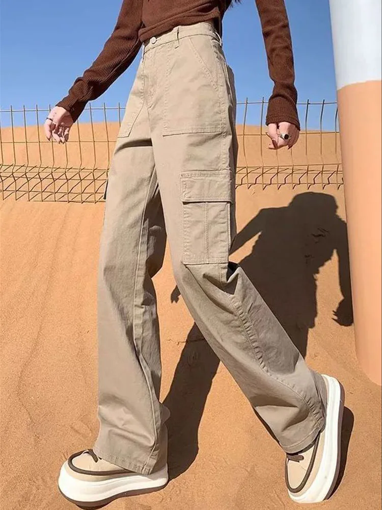 2025 가을 겨울 신상 하이웨이스트 아메리칸 스트레이트 와이드 레그 카고 팬츠 여성 패션 스트릿 진
